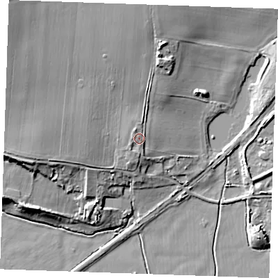 Shaded relief map of the ground around RM188RA, computed from Environment Agency LiDAR. The ground here sits at about 9 m above sea level and falls 17 m across the surrounding 800 m. Surface water reaching this point runs off ground lying to the south-west, 2.4 m higher.