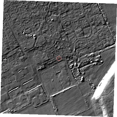 Shaded relief map of the ground around RM188RB, computed from Environment Agency LiDAR. The ground here sits at about 4 m above sea level and falls 10 m across the surrounding 800 m. Surface water reaching this point runs off ground lying to the north-west, 1.9 m higher.