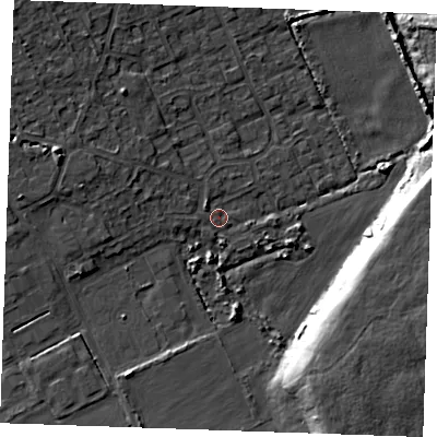 Shaded relief map of the ground around RM188RD, computed from Environment Agency LiDAR. The ground here sits at about 3 m above sea level and falls 10 m across the surrounding 800 m. Surface water reaching this point runs off ground lying to the west-north-west, 2.9 m higher.