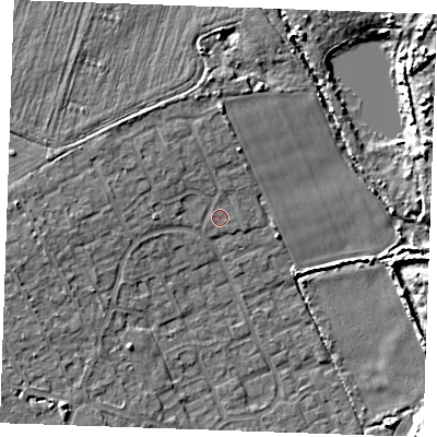Shaded relief map of the ground around RM188RE, computed from Environment Agency LiDAR. The ground here sits at about 4 m above sea level and falls 8 m across the surrounding 800 m. Surface water reaching this point runs off ground lying to the west, 3.9 m higher.