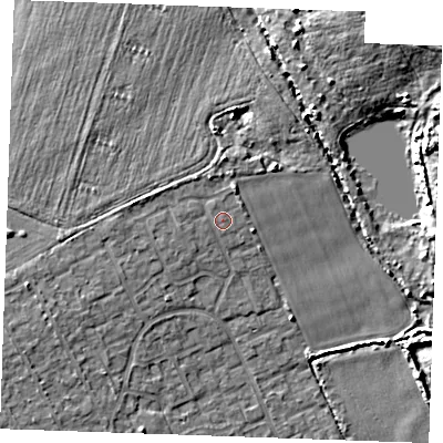 Shaded relief map of the ground around RM188RF, computed from Environment Agency LiDAR. The ground here sits at about 5 m above sea level and falls 9 m across the surrounding 800 m. Surface water reaching this point runs off ground lying to the west-south-west, 2.2 m higher.