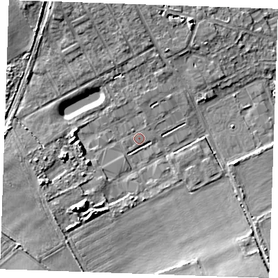 Shaded relief map of the ground around RM188RH, computed from Environment Agency LiDAR. The ground here sits at about 4 m above sea level and falls 9 m across the surrounding 800 m. Surface water reaching this point runs off ground lying to the west, 6.6 m higher.