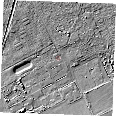 Shaded relief map of the ground around RM188RJ, computed from Environment Agency LiDAR. The ground here sits at about 5 m above sea level and falls 9 m across the surrounding 800 m. Surface water reaching this point runs off ground lying to the north-west, 0.8 m higher.