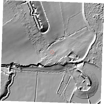 Shaded relief map of the ground around RM188RP, computed from Environment Agency LiDAR. The ground here sits at about 5 m above sea level and falls 13 m across the surrounding 800 m. Surface water reaching this point runs off ground lying to the south-south-west, 1.7 m higher.
