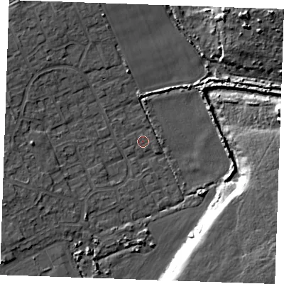 Shaded relief map of the ground around RM188RR, computed from Environment Agency LiDAR. The ground here sits at about 3 m above sea level and falls 11 m across the surrounding 800 m. Surface water reaching this point runs off ground lying to the west, 0.6 m higher.