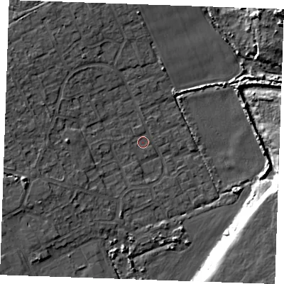 Shaded relief map of the ground around RM188RT, computed from Environment Agency LiDAR. The ground here sits at about 3 m above sea level and falls 10 m across the surrounding 800 m. Surface water reaching this point runs off ground lying to the west-north-west, 4.4 m higher.