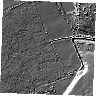 Shaded relief map of the ground around RM188RU, computed from Environment Agency LiDAR. The ground here sits at about 3 m above sea level and falls 11 m across the surrounding 800 m. Surface water reaching this point runs off ground lying to the north-west, 1.5 m higher.