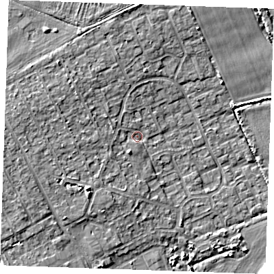 Shaded relief map of the ground around RM188RW, computed from Environment Agency LiDAR. The ground here sits at about 4 m above sea level and falls 6 m across the surrounding 800 m. Surface water reaching this point runs off ground lying to the west, 2.1 m higher.