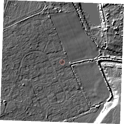 Shaded relief map of the ground around RM188RX, computed from Environment Agency LiDAR. The ground here sits at about 3 m above sea level and falls 10 m across the surrounding 800 m. The ground contributing surface water to this point lies to the north.