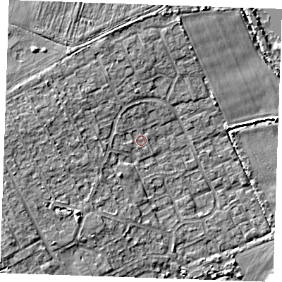 Shaded relief map of the ground around RM188RY, computed from Environment Agency LiDAR. The ground here sits at about 4 m above sea level and falls 6 m across the surrounding 800 m. Surface water reaching this point runs off ground lying to the west-north-west, 3.5 m higher.