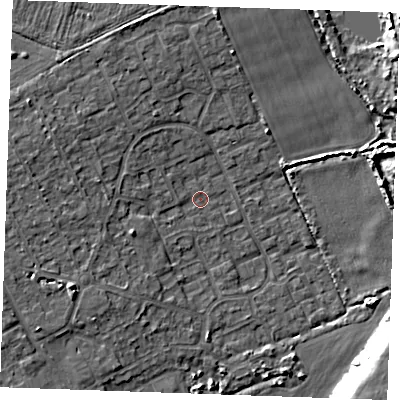 Shaded relief map of the ground around RM188RZ, computed from Environment Agency LiDAR. The ground here sits at about 4 m above sea level and falls 9 m across the surrounding 800 m. Surface water reaching this point runs off ground lying to the west-north-west, 4.3 m higher.