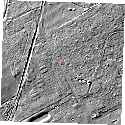 Shaded relief map of the ground around RM188SB, computed from Environment Agency LiDAR. The ground here sits at about 7 m above sea level and falls 7 m across the surrounding 800 m. Surface water reaching this point runs off ground lying to the west-north-west, 2.1 m higher.