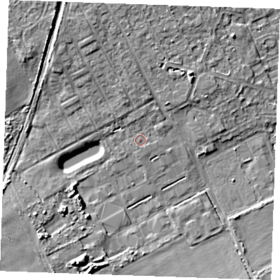 Shaded relief map of the ground around RM188SD, computed from Environment Agency LiDAR. The ground here sits at about 5 m above sea level and falls 9 m across the surrounding 800 m. Surface water reaching this point runs off ground lying to the north, 1.2 m higher.