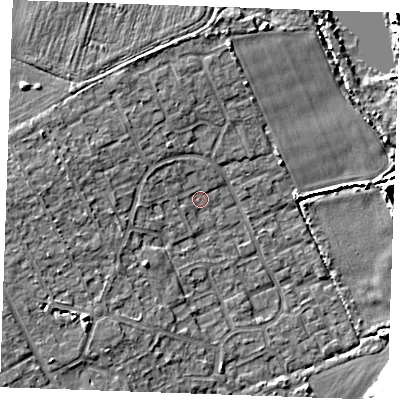 Shaded relief map of the ground around RM188SE, computed from Environment Agency LiDAR. The ground here sits at about 4 m above sea level and falls 8 m across the surrounding 800 m. Surface water reaching this point runs off ground lying to the west-north-west, 1.8 m higher.