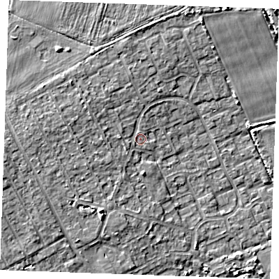 Shaded relief map of the ground around RM188SJ, computed from Environment Agency LiDAR. The ground here sits at about 5 m above sea level and falls 6 m across the surrounding 800 m. Surface water reaching this point runs off ground lying to the north-west, 2.7 m higher.