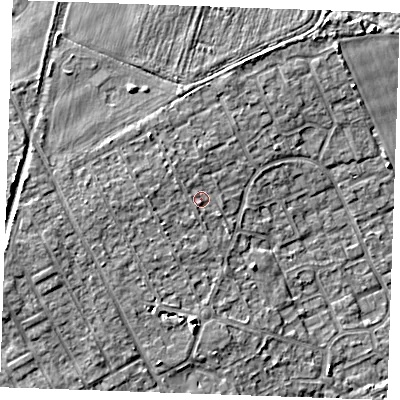 Shaded relief map of the ground around RM188SP, computed from Environment Agency LiDAR. The ground here sits at about 6 m above sea level and falls 7 m across the surrounding 800 m. Surface water reaching this point runs off ground lying to the north-west, 1.3 m higher.