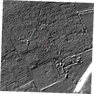 Shaded relief map of the ground around RM188SS, computed from Environment Agency LiDAR. The ground here sits at about 5 m above sea level and falls 10 m across the surrounding 800 m. Surface water reaching this point runs off ground lying to the west-north-west, 1.7 m higher.