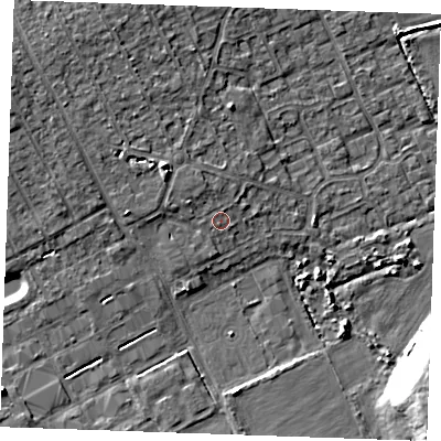 Shaded relief map of the ground around RM188ST, computed from Environment Agency LiDAR. The ground here sits at about 5 m above sea level and falls 10 m across the surrounding 800 m. Surface water reaching this point runs off ground lying to the west-north-west, 1.1 m higher.