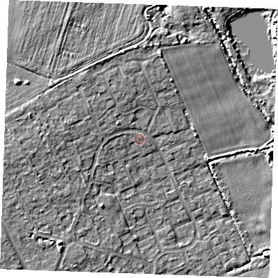 Shaded relief map of the ground around RM188SW, computed from Environment Agency LiDAR. The ground here sits at about 4 m above sea level and falls 6 m across the surrounding 800 m. Surface water reaching this point runs off ground lying to the west-north-west, 1.8 m higher.