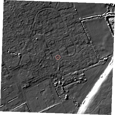 Shaded relief map of the ground around RM188TB, computed from Environment Agency LiDAR. The ground here sits at about 4 m above sea level and falls 10 m across the surrounding 800 m. Surface water reaching this point runs off ground lying to the west, 2.6 m higher.
