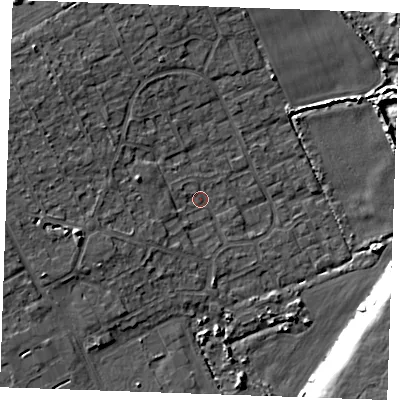 Shaded relief map of the ground around RM188TD, computed from Environment Agency LiDAR. The ground here sits at about 4 m above sea level and falls 10 m across the surrounding 800 m. Surface water reaching this point runs off ground lying to the west-south-west, 4.3 m higher.