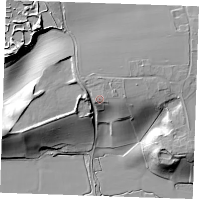 Shaded relief map of the ground around RM188TH, computed from Environment Agency LiDAR. The ground here sits at about 26 m above sea level and falls 34 m across the surrounding 800 m. Surface water reaching this point runs off ground lying to the north-east, 0.5 m higher.