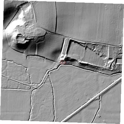 Shaded relief map of the ground around RM188UA, computed from Environment Agency LiDAR. The ground here sits at about 4 m above sea level and falls 24 m across the surrounding 800 m. Surface water reaching this point runs off ground lying to the north-north-east, 10.5 m higher.
