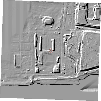 Shaded relief map of the ground around RM188UJ, computed from Environment Agency LiDAR. The ground here sits at about 3 m above sea level and falls 11 m across the surrounding 800 m. Surface water reaching this point runs off ground lying to the south-east, 3.6 m higher.