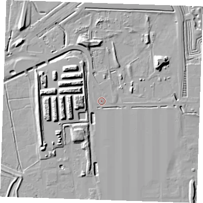 Shaded relief map of the ground around RM188UL, computed from Environment Agency LiDAR. The ground here sits at about 3 m above sea level and falls 16 m across the surrounding 800 m. Surface water reaching this point runs off ground lying to the north-north-west, 1.3 m higher.
