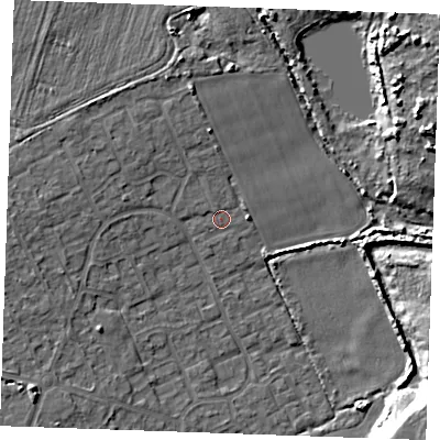 Shaded relief map of the ground around RM188UT, computed from Environment Agency LiDAR. The ground here sits at about 4 m above sea level and falls 9 m across the surrounding 800 m. Surface water reaching this point runs off ground lying to the west, 4.0 m higher.