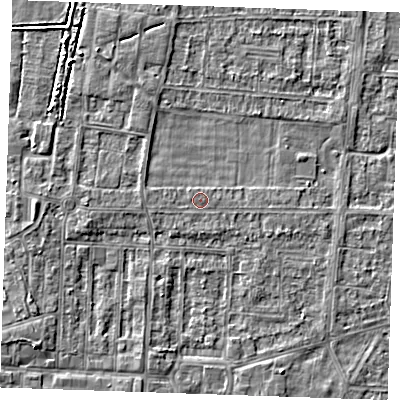 Shaded relief map of the ground around RM188XB, computed from Environment Agency LiDAR. The ground here sits at about 1 m above sea level and falls 3 m across the surrounding 800 m. Surface water reaching this point runs off ground lying to the south, 0.6 m higher.