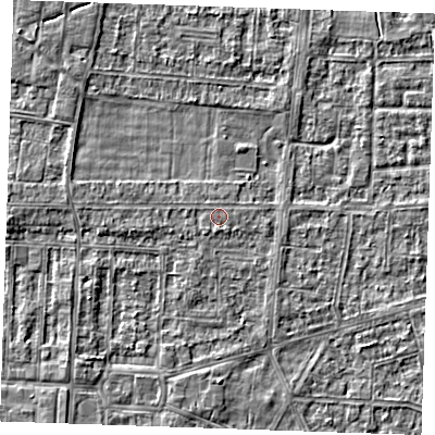 Shaded relief map of the ground around RM188XD, computed from Environment Agency LiDAR. The ground here sits at about 1 m above sea level and falls 2 m across the surrounding 800 m. Surface water reaching this point runs off ground lying to the south-south-east, 0.5 m higher.