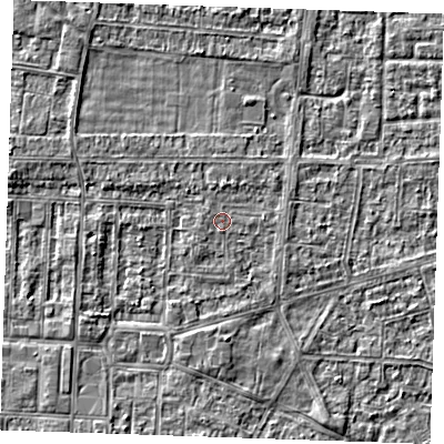 Shaded relief map of the ground around RM188XH, computed from Environment Agency LiDAR. The ground here sits at about 1 m above sea level and falls 2 m across the surrounding 800 m. Surface water reaching this point runs off ground lying to the north, 0.9 m higher.