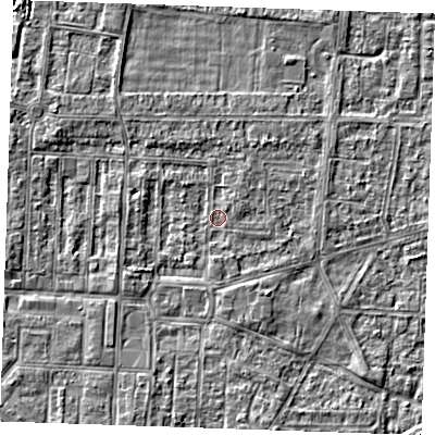 Shaded relief map of the ground around RM188XL, computed from Environment Agency LiDAR. The ground here sits at about 0 m above sea level and falls 2 m across the surrounding 800 m. Surface water reaching this point runs off ground lying to the south-south-west, 1.8 m higher.