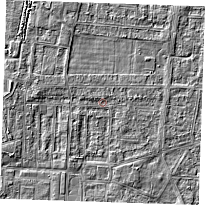 Shaded relief map of the ground around RM188XP, computed from Environment Agency LiDAR. The ground here sits at about 1 m above sea level and falls 3 m across the surrounding 800 m. Surface water reaching this point runs off ground lying to the west-south-west, 2.7 m higher.