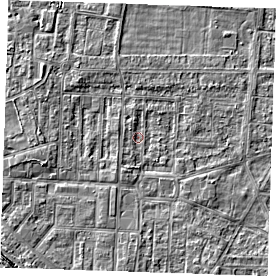 Shaded relief map of the ground around RM188XR, computed from Environment Agency LiDAR. The ground here sits at about 0 m above sea level and falls 4 m across the surrounding 800 m. Surface water reaching this point runs off ground lying to the south-west, 1.0 m higher.