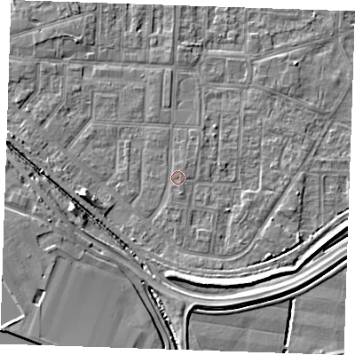 Shaded relief map of the ground around RM188XU, computed from Environment Agency LiDAR. The ground here sits at about 1 m above sea level and falls 6 m across the surrounding 800 m. The ground contributing surface water to this point lies to the south-south-east.