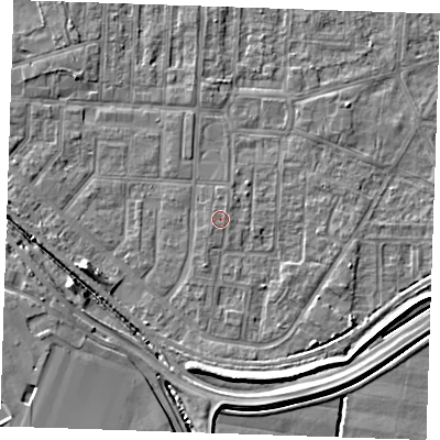Shaded relief map of the ground around RM188YA, computed from Environment Agency LiDAR. The ground here sits at about 1 m above sea level and falls 6 m across the surrounding 800 m. The ground contributing surface water to this point lies to the north-north-east.