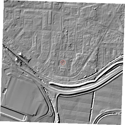 Shaded relief map of the ground around RM188YB, computed from Environment Agency LiDAR. The ground here sits at about 1 m above sea level and falls 6 m across the surrounding 800 m. Surface water reaching this point runs off ground lying to the south, 0.8 m higher.