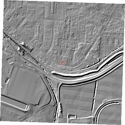 Shaded relief map of the ground around RM188YD, computed from Environment Agency LiDAR. The ground here sits at about 1 m above sea level and falls 6 m across the surrounding 800 m. The ground contributing surface water to this point lies to the north-east.