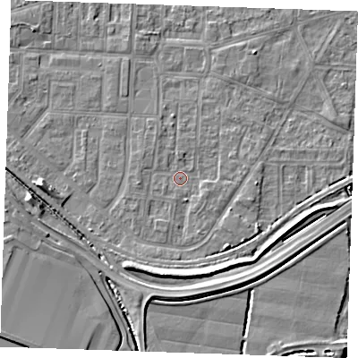 Shaded relief map of the ground around RM188YH, computed from Environment Agency LiDAR. The ground here sits at about 1 m above sea level and falls 7 m across the surrounding 800 m. Surface water reaching this point runs off ground lying to the south, 4.8 m higher.