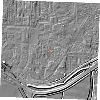 Shaded relief map of the ground around RM188YJ, computed from Environment Agency LiDAR. The ground here sits at about 1 m above sea level and falls 7 m across the surrounding 800 m. Surface water reaching this point runs off ground lying to the south-south-west, 4.8 m higher.
