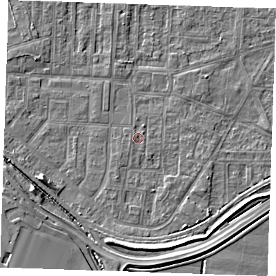 Shaded relief map of the ground around RM188YL, computed from Environment Agency LiDAR. The ground here sits at about 1 m above sea level and falls 6 m across the surrounding 800 m. Surface water reaching this point runs off ground lying to the south-west, 0.7 m higher.
