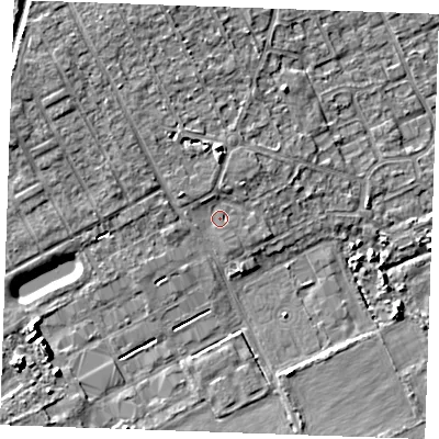 Shaded relief map of the ground around RM188YR, computed from Environment Agency LiDAR. The ground here sits at about 5 m above sea level and falls 7 m across the surrounding 800 m. Surface water reaching this point runs off ground lying to the north-north-west, 1.1 m higher.