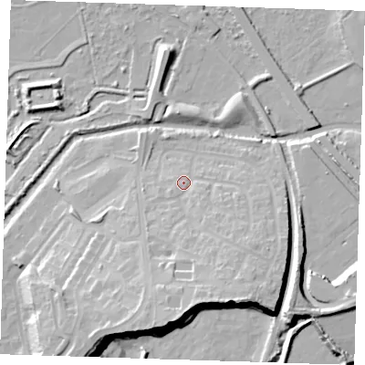 Shaded relief map of the ground around RM191GD, computed from Environment Agency LiDAR. The ground here sits at about 7 m above sea level and falls 21 m across the surrounding 800 m. Surface water reaching this point runs off ground lying to the south-south-east, 15.6 m higher.
