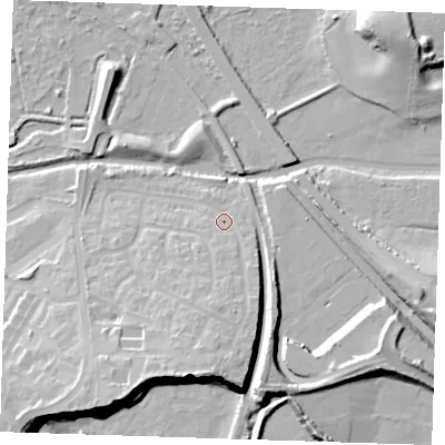 Shaded relief map of the ground around RM191GT, computed from Environment Agency LiDAR. The ground here sits at about 6 m above sea level and falls 21 m across the surrounding 800 m. Surface water reaching this point runs off ground lying to the south, 16.3 m higher.