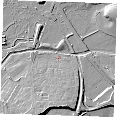 Shaded relief map of the ground around RM191GU, computed from Environment Agency LiDAR. The ground here sits at about 3 m above sea level and falls 21 m across the surrounding 800 m. Surface water reaching this point runs off ground lying to the south, 18.3 m higher.