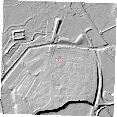 Shaded relief map of the ground around RM191GX, computed from Environment Agency LiDAR. The ground here sits at about 5 m above sea level and falls 21 m across the surrounding 800 m. Surface water reaching this point runs off ground lying to the south-south-west, 4.4 m higher.
