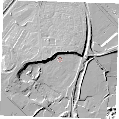 Shaded relief map of the ground around RM191LA, computed from Environment Agency LiDAR. The ground here sits at about 3 m above sea level and falls 21 m across the surrounding 800 m. Surface water reaching this point runs off ground lying to the west, 18.9 m higher.