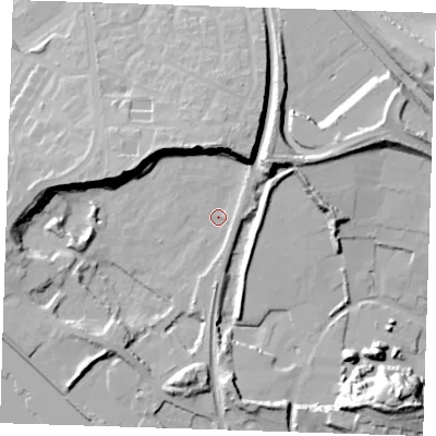 Shaded relief map of the ground around RM191LB, computed from Environment Agency LiDAR. The ground here sits at about 3 m above sea level and falls 27 m across the surrounding 800 m. Surface water reaching this point runs off ground lying to the west, 10.2 m higher.